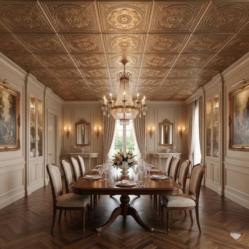 Image of Kayra Decor PVC Ceiling Panel 2x2 Feet (60x60 cm) - Regal Ornate Design, Champagne Gold | Pack of 25 3D Decorative Ceiling & Wall Panels | Waterproof Home Interior Decor