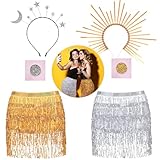 Zoooyawn Halloween Moon and Sun Costumes Include Sunburst Spike Crown, Moon Star Headband, 2 Sequin Tassel Skirt and 2 Face Glitter
