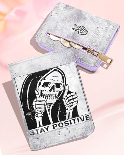 Image of Bistup Leather 12 Slot Accordion Card Holder Wallet, Skeleton Hand | Accordion Storage, Zipper Around Closure, Compact Patterned Wallet for IDs, Cards, Cash, Daily Carry and Gifts