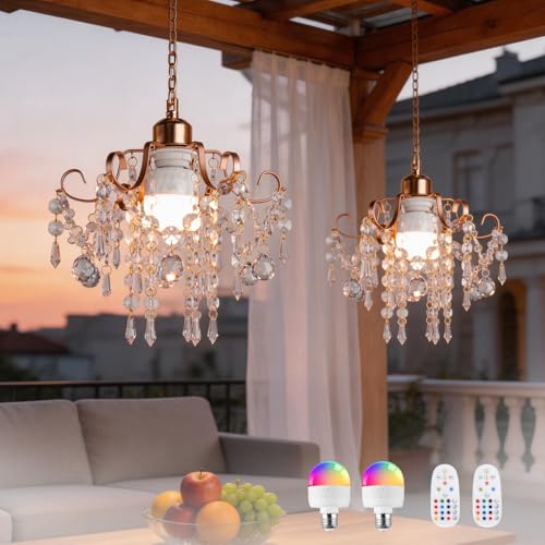 Battery Operated Chandelier 2 Pack 5000mAh Rechargeable Pendant Light with Remote RGB Dimmable No Wiring Acrylic Crystal Beaded Hanging Lamp for Indoor Outdoor Patio Gazebo Bedroom Ceiling Decor
