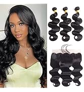 Human Hair Bundles with Frontal (14 16 18+12 Frontal) Body Wave Bundles with Lace Frontal Brazili...