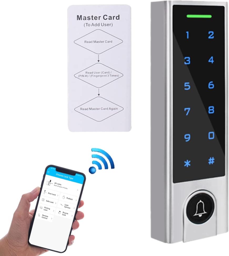 2.4G WiFi Access Control,125Khz EM Card Door Lock, Access Controler, IP67 Waterproof,Access Control System Kit,Touch Keypad Smart Lock Opener,1000 User,Tuya Mobile APP Remote Open (Door Bell Version)