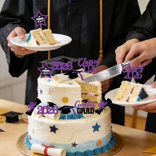 Image of 48 PCS Graduation Cupcake Toppers, 6 Styles Congrats Grad Cake Topper 2026, Graduation Decorations, Glittery Black and Purple Cap and Diploma Cake Picks for Grad Party Decor Supplies