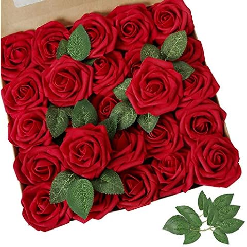 AmyHomie Artificial Flower Dark Red Rose 25pcs Real Looking Fake Roses w/Stem for DIY Wedding Bouquets Centerpieces Arrangements Party Baby Shower Home Decorations Cover