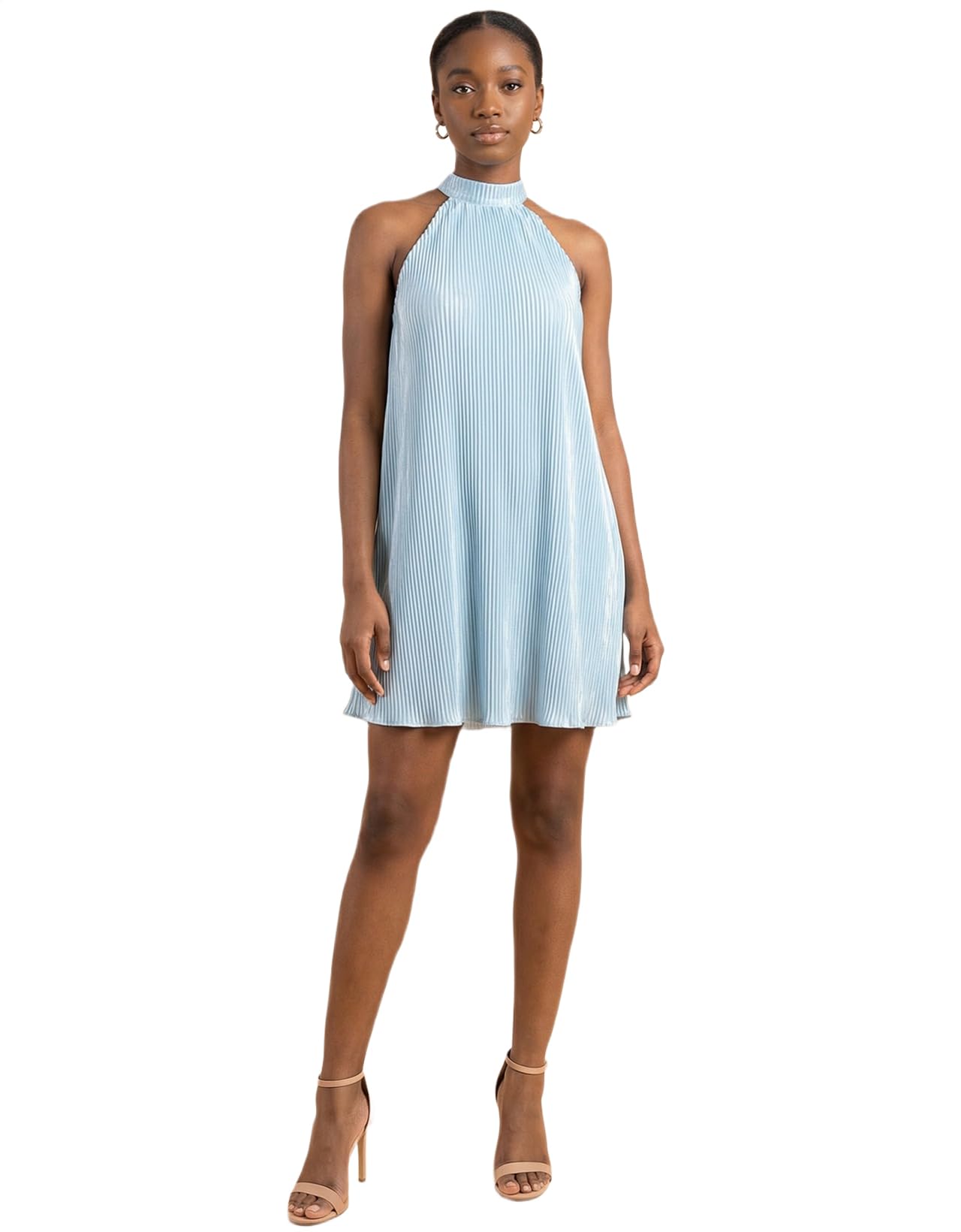 moomaya Women's Satin Plisse Halter Neck Mini Dress - Pleated Swing Dress with Back Button Closure - Elegant Party & Summer Wear-picture-13