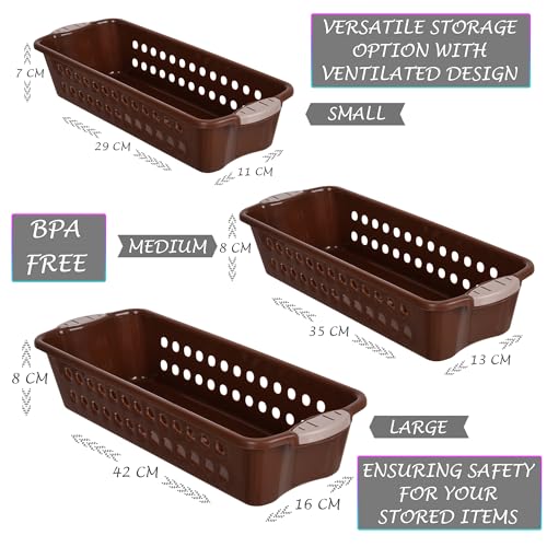 Image of Heart Home Pack of 3 Storage Basket | Storage Organizer for Kitchen-Refrigerator-Vegetables-Stationery | Multipurpose Cabinet Shelf Rack | Storage Box for Kitchen | S-M-L | Brown