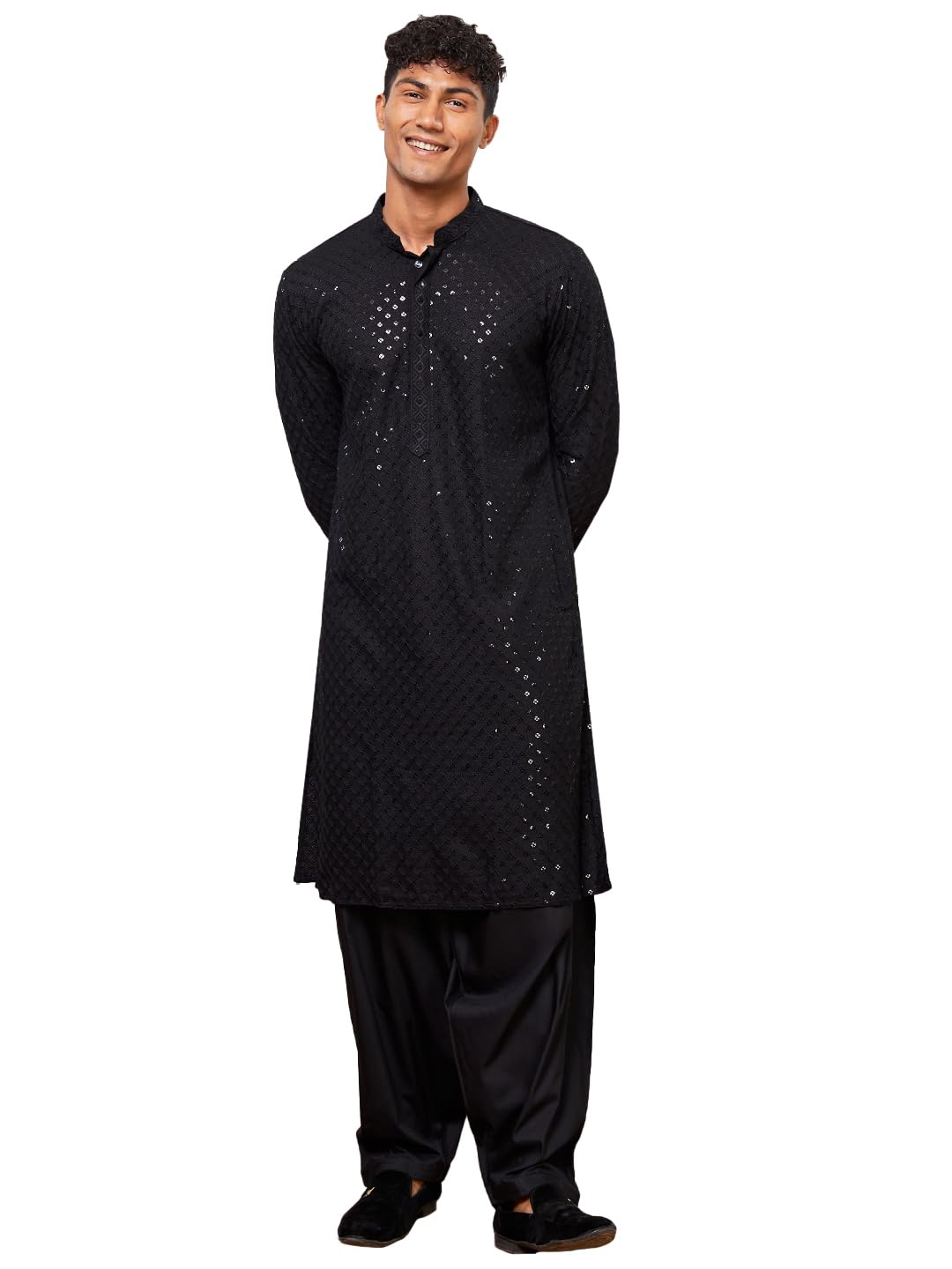 vastramay Luxury Traditional Indian Schiffli Embroidery Work Kurta Patiala Set for Men-picture-12