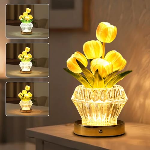 Image of Artificial Purple Tulip Flower Lamp Night Light with Crystal Vase, Gifts for Women Mom Grandma Girlfriend Birthday Christmas Valentines Mothers Day Bedroom Home Shop Cafe Decor