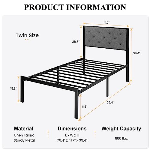 Sha Cerlin Twin Size Metal Platform Bed Frame With Fabric Upholstered Button Tufted Headboard, Mattress Foundation With 17 Strong Metal Slats Support, No Box Spring Needed, Easy Assembly, Dark Grey #TOP1
