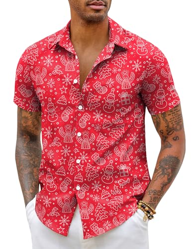 COOFANDY Weihnachtshemd Herren Weihnachtsshirt Kurzarm Weihnachten Hemd Xmas Shirt Funky Christmas Print Weihnachtsmann Hemd Christmas Freizeithemd Männer Rotwein XL