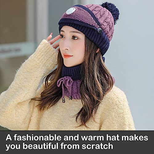 Warm Winter Beanie Hat, Fashion Women Winter Warm Knitted Hat Thickened Woolen Cap With Warm Mask And Neck Scarf, Womens Knit Beanie Hat, Winter Scarf Mask Set,Girls Warm Hat Earmuffs Cap With Pom #TOP1