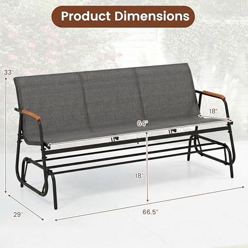 Image of Giantex Patio Glider, 3-Person Swing Gliding Loveseat with Curved Teak Armrests, Fabric Seat, Metal Frame, Load 990lbs, Outdoor Rocking Chair for Porch, Yard, Poolside,Grey
