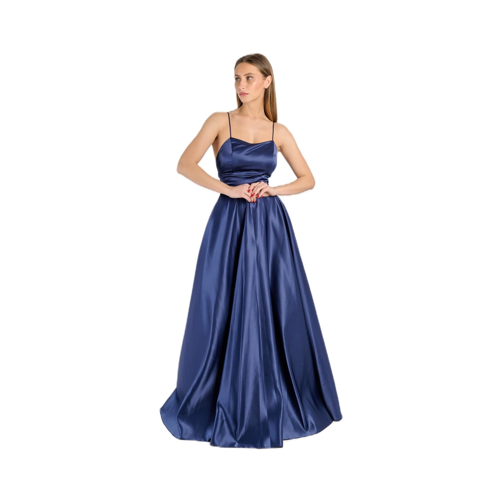 Abito Lungo Elegante Donna in Raso – Spalline Sottili, Schiena Scoperta con Allacciatura, Linea Ampia Fluida – Vestito da Cerimonia, Festa, Evento Formale