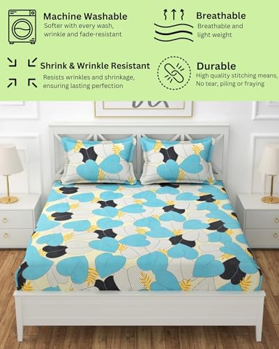 Image of Fitted Bedsheet King Size Double Bed with 2 Matching Pillow Covers, Glace Cotton All-Around Elastic 210 TC Premium Bed Sheets, (72x78x8 Inches, Blue Leaf Print