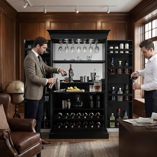 Image of APRODZ Solid Mango Wood Bar Cabinet for Home and Bar | Nucla Style Wooden Wine Storage Rack with Drawer, Glass Holder & Bottle Organizer Drink Wine Rack Organizer for Living Room,Black
