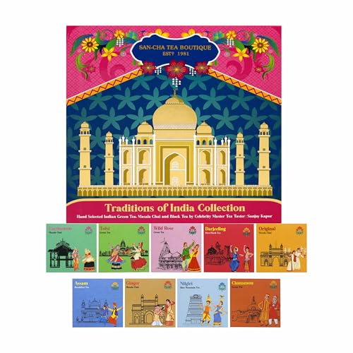 Image of SAN-CHA Tea Boutique, Traditions of India Collection, Luxury Tea Gift Box, 9 Assorted Teas Hamper, 225g Loose Leaf Green & Black Teas, Wellness Gift Set