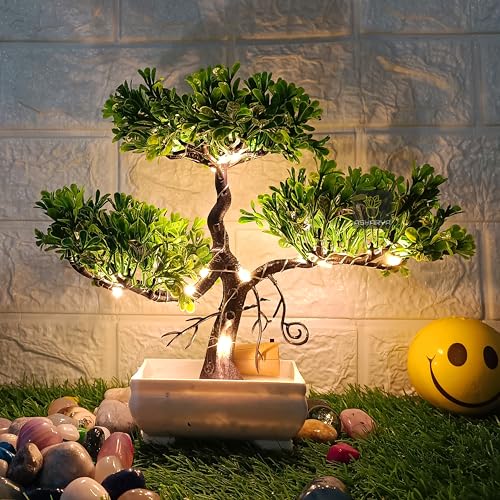 Image of Artificial LED Bonsai Plat with Lush Colorful Foliage in Elegant Plastic Pot | Artificial Plants with Pot | Fake Bonsai Tree | Home Decor Items (Green, 24cm)
