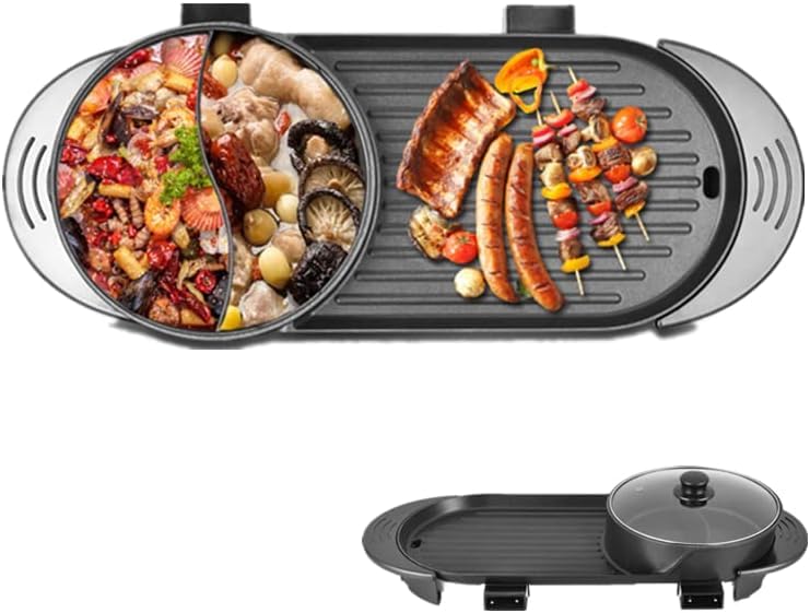Electric Barbecue Hot Pot,Portable Electric 2 In 1 Hot Pot Barbecue Grill Teppanyaki Pan Soup,1100W Non-Stick BBQ Grill Dual Temperature Control Smokeless Can be Heated Separately, 110V