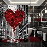Red Rose Couple Shower Curtain for Women Men Teens Lover,3D Black White City View Bathroom Curtain,Fashion Valentine's Day Flower Waterproof Curtain Romantic Adult Bath Curtain,12 Hooks,72'Wx72'L