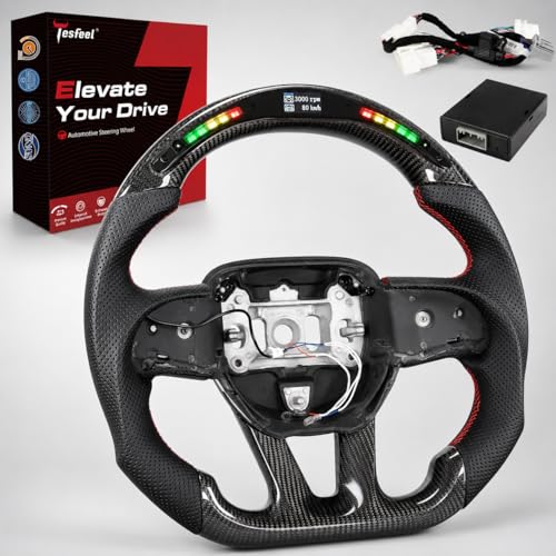 Tesfeel Real Carbon Fiber Steering Wheel with LED Shift Indicator for Dodge Charger for Challenger and for Durango (2015-2024) Genuine 3K Carbon with Perforated Leather Grip D-Shape