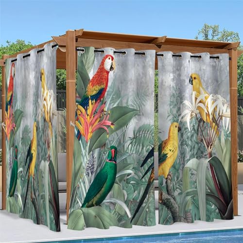 Linfye Rideaux D'extérieur Imperméable, Gris Rideau Exterieur Impermeable Perroquet 3D Rideau pour Pergola Terrasse Cabane Tonnelle Jardin, Rideaux Occultant...