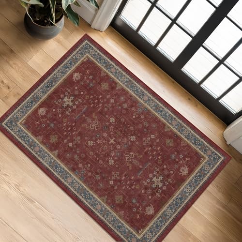 Burgundy 2x3 Washable Rugs for Entryway Indoor, Boho Kitchen Rug