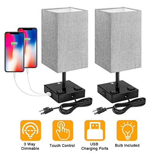 Dimmable Table Lamp Touch Control with USB Charging Ports and AC Outlets, Bedside