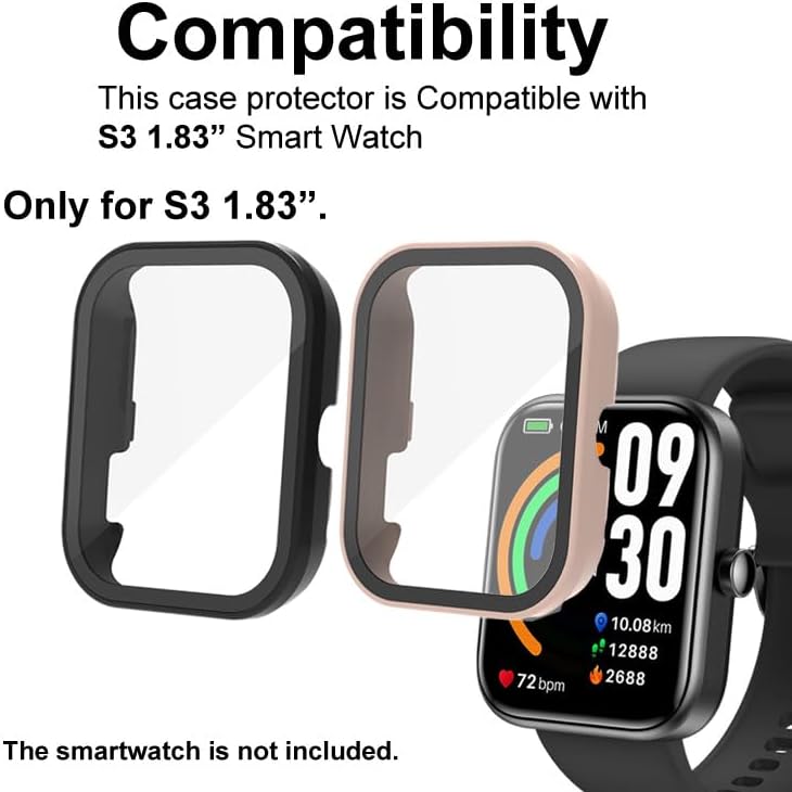 compatible with TOZO S3 1.83” Smartwatch, Watch Cases with Tempered Glass Screen Protector, 9H