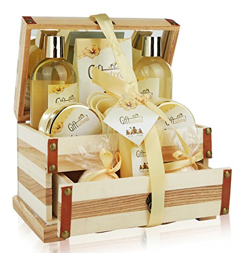 Spa Gift Basket Refreshing Rose & Jasmine Fragrance, Beautiful Wooden Gift Box with Mirror, Perfect Christmas, or Birthday Gift, Bath Gift Set Includes Shower Gel, Bath Bombs and More