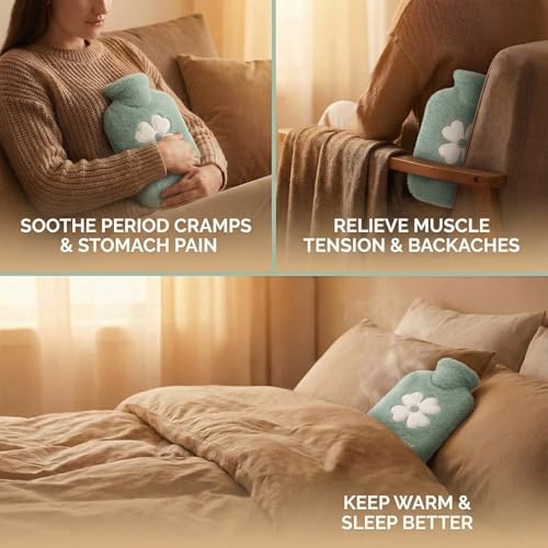 Image of Nuvex Hot Water Bottle with Plush Fur Cover 1 Litre Leakproof Rubber Bag for Period Cramps, Back Pain & Muscle Relief Reusable Heating Pad for Bed & Winter Comfort Hot & Cold Compress for Injury & Swelling Relief