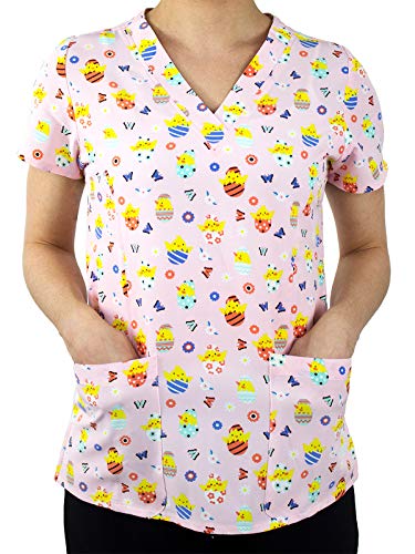 Maevn Prints 1767 Women's V-Neck Print Scrub Top, Easter Egg Hunt, M
