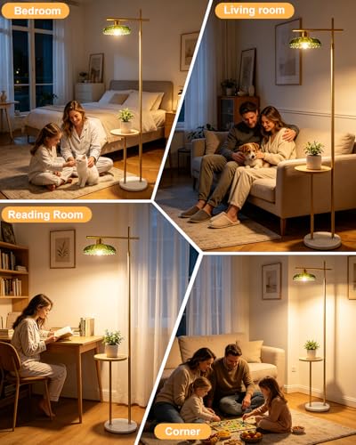 Image of Lightdot Glass Floor Lamp with Table, Gold Standing Lamp with Green Umbrella Glass Shade, Dimmable LED Floor Lamp with Marble Base for Living Room Bedroom, Bulb Included
