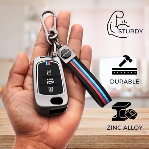 Image of KEYCEPT Metal Alloy Key Cover Compatible with Hyun-dai i10, i20 Old 3 Button Flip Key with Keychain (Long Keychain).