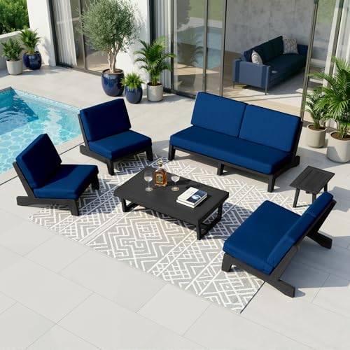 Image of Pia Ricoo 6-Piece Patio Furniture Set, Outdoor Wood Sofa with Loveseat, 2 Chairs, Coffee Table & Side Table, All-Weather Conversation Set for Backyard /Deck /Lawn - Navy /Dark