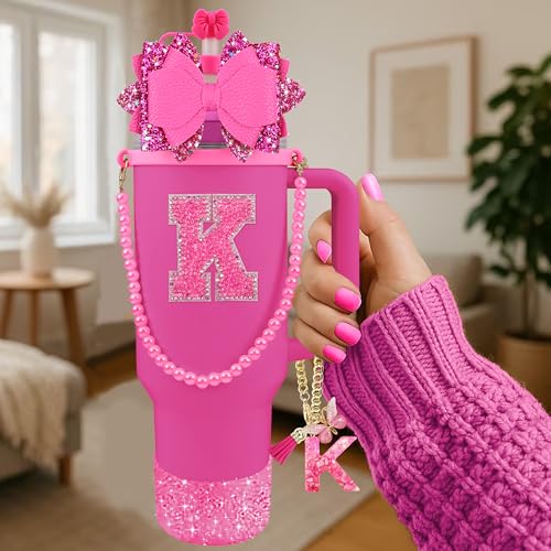 Hpebl 9PCS Hot Pink for Stanley Cup Accessories Set Bling Initials Bow Charms for Stanley Decorations 30/40 Oz Tumbler Accessories Including Bow Straw Topper, Handle Strap, Spill Stopper(Letter K) - image 2