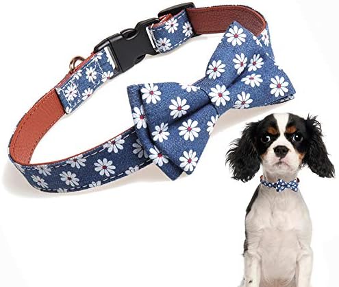 Dog Collar Bow Tie, Comfy Dog Bowtie Collar, Adjustable Printed Flower Leather Breakaway Collars for Small Medium Large Dogs