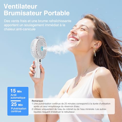 Ventilateur Portable - 4000mAh Mini Ventilateur Bureau Brumisateur,5 Vitesses,Fan Rechargeable USB avec Base,Affichage LED,Usage Sans Fil,pour Études,Travail,Voyages,Camping,Cadeau d'été – Image 3