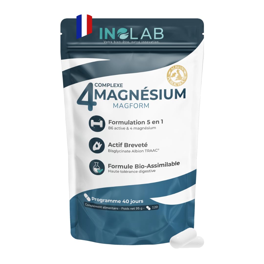 INOLAB Magnésium Premium 5-en-1 | Magnesium Bisglycinate + Malate + Laitue de mer bio + Taurinate | Magnesium B6 | Haute Absorption & tolérance | Anti-Stress & Fatigue | 120 Gélules