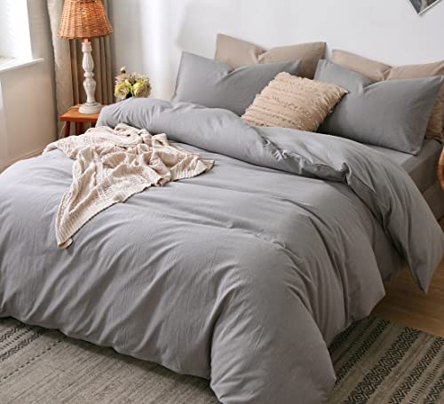 Image of MooMee Bedding Duvet Cover Set 100% Washed Cotton Linen Like Textured Breathable Durable Soft Comfy (Light Grey, Twin)