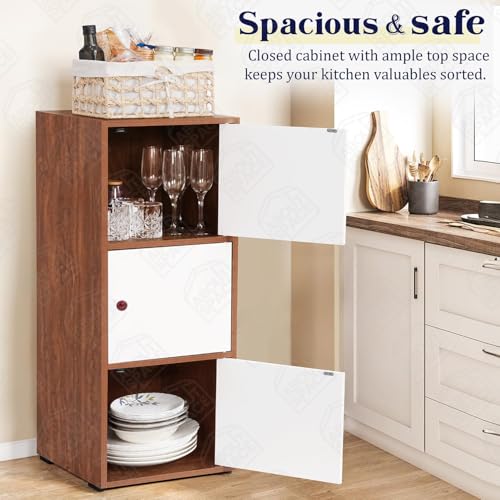 Image of ABOUT SPACE Wooden Book Rack - 3 Tier Storage Cabinet for Living Room with Magnetic Door, Space Saving Book Self for Home, Engineered Wood Cabinet (Oak Red - L 38 x B 38.5 x H 100.5 cm)