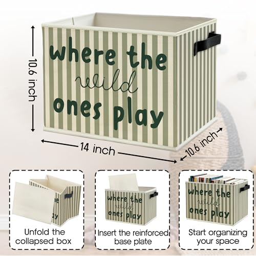 Image of Green Stripe Boho Classroom Storage Bins Box with Handles, Where the Wild Ones Play Collapsible Basket Organizer for Kids Playroom Nursery Bedroom Bathroom Books Clothes