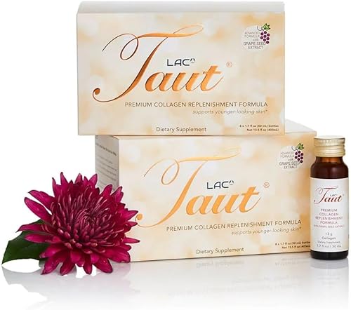 TAUT Colágeno líquido para mujer  Bebida de colágeno marino de 13,000 mg con ácido hialurónico, semilla de uva y elastina  Soporte visible para la