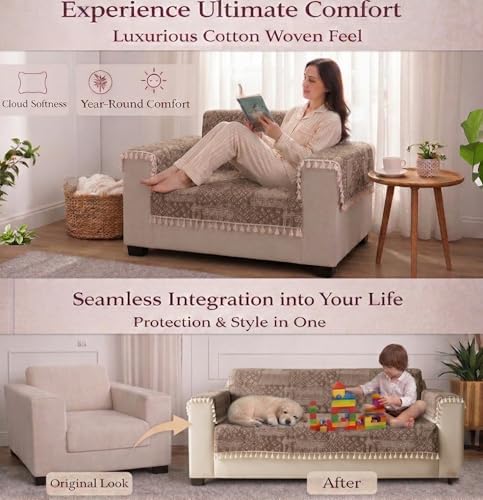 Image of STITCHNEST 'Artisoul Series' Chenille Sofa Cover 2 Seater with 2 Hand Rest Covers | Premium Heavy Fabric, Washable & Fade Resistant | Beige Star Sofa Protector with Tassels | Size 48x30 Inch