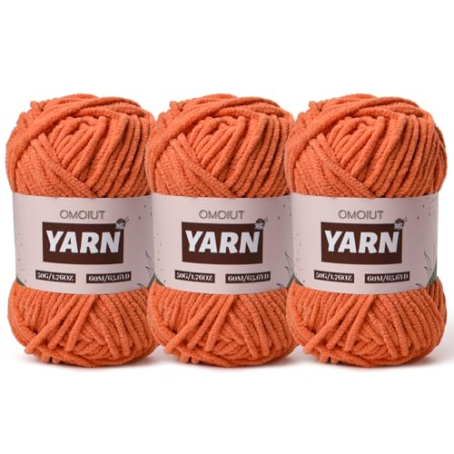 Image of 3 Packs Plush Chenille Chunky Crochet Yarn - Baby Yarn for Crocheting Soft - Velvet Yarns Knitting for Blankets Crafts - Fluffy Amigurumi Yarns 150g / 196.8yds (3 Orange)
