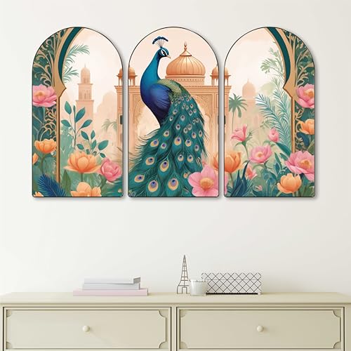Image of Livin'luxe Peacock Wall Art | Set of 3 MDF Panel Paintings | Floral Mughal Palace Theme Decorative Wall Hanging for Living Room, Bedroom & Home Decor (20 x 30 Inch) RPNS-05