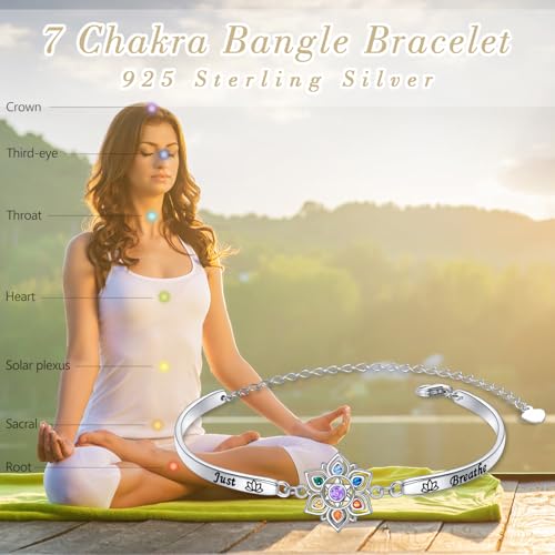 7 Chakra Bracelet 925 Sterling Silver Just Breathe Lotus Flower Rainbow Stones Yoga Chakra Energy Balance Bangle Bracelet Jewelry for Women Spiritual Healing3