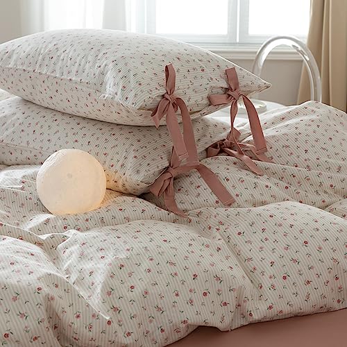 VM VOUGEMARKET Pink Flower Stripes Duvet Cover Set Twin 100% Cotton Blossom Duvet Cover with Zipper Closure,Cottagecore Bedding Set for Girls Women-68 x86,Off-White