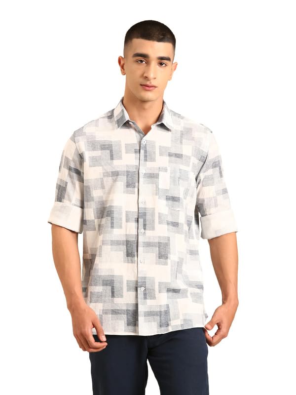 Image of Cavallo by Linen Club Men's Blended Linen Red Printed Contemporary Fit Full Sleeve Casual Shirt