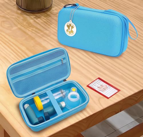 Image of MGZNMTY Travel Carrying Case Compatible with Asthma Inhaler Spacer for Adults and Children, Masks, Inhaler Holder with Asthma Alert Tag and Medical Card, Carabiner (Only Case) (Sky Blue)