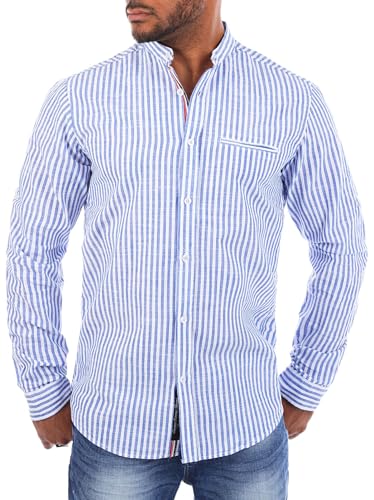 Carisma Herren Baumwoll Leinen Mix Stehkragen Hemd gestreift Langarm 8455,...